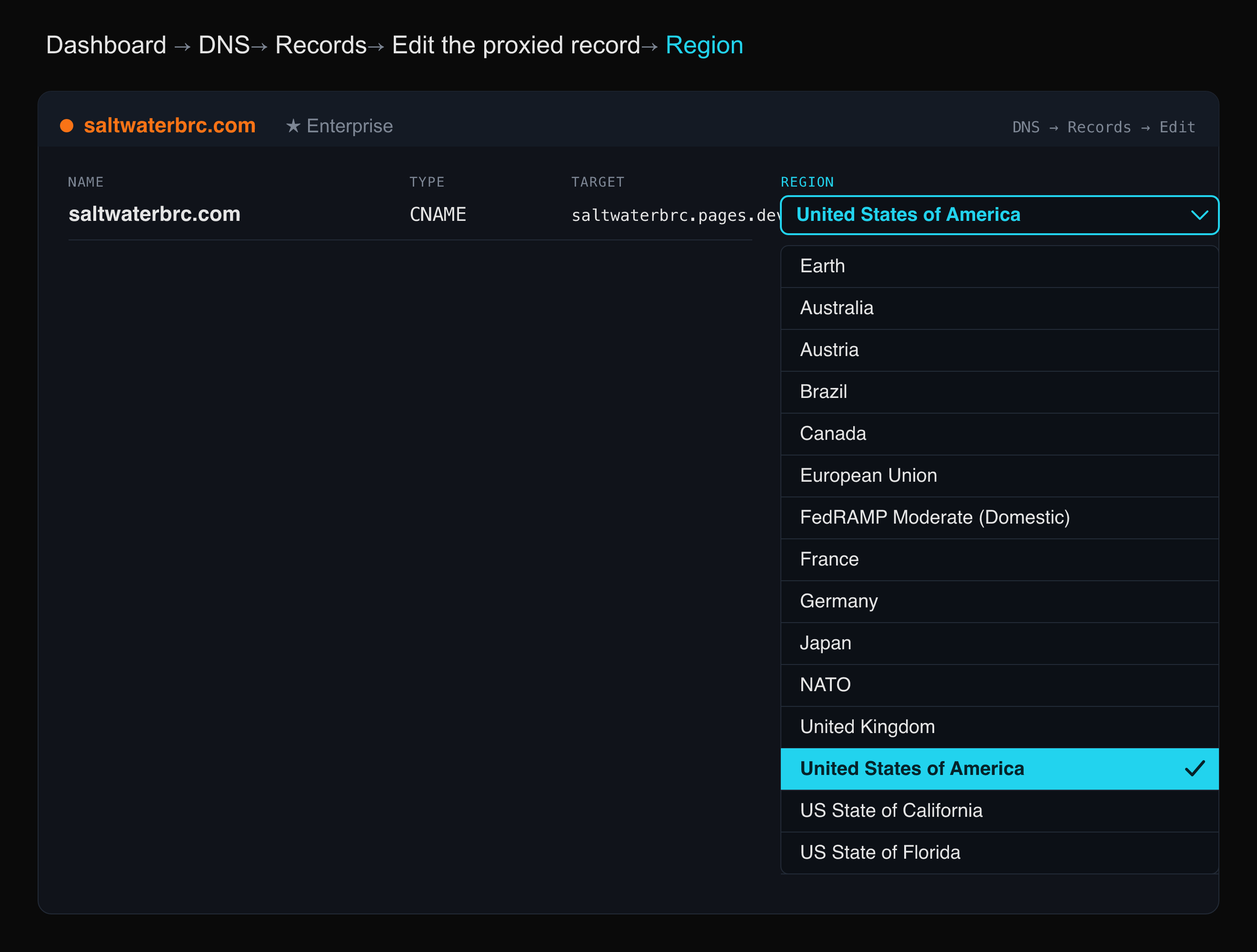 Regional Services dropdown showing available regions including US, EU, FedRAMP, and country-specific options