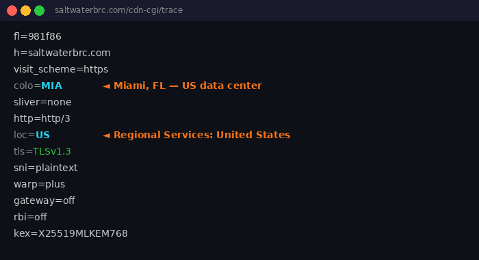 Trace output showing colo=MIA (Miami, FL) and loc=US, confirming US-only processing